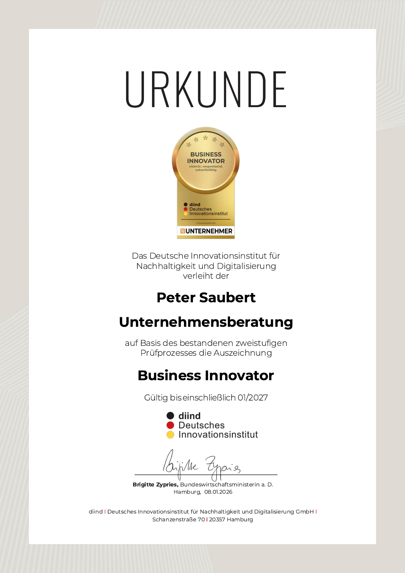 Urkunde Business Innovator
